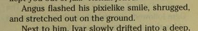 An excerpt from the first Mystic Knights book, which reads, 'Angus flashed his pixielike smile, shrugged, and stretched out on the ground.'