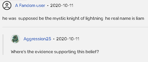 One user saying Lugad was supposed to be the Mystic Knight of Liam, and another user asking for the evidence supporting that.