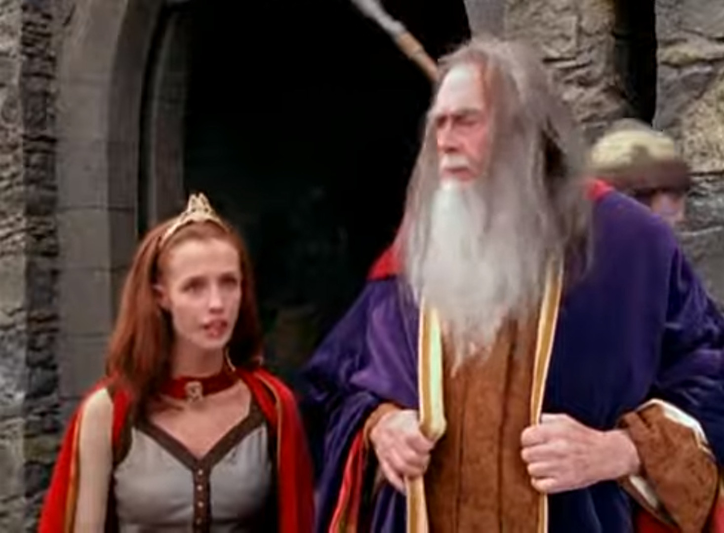 Screenshot of nearly the same image of Deirdre and Cathbad from Mystic Knights Restoration Project YouTube version.