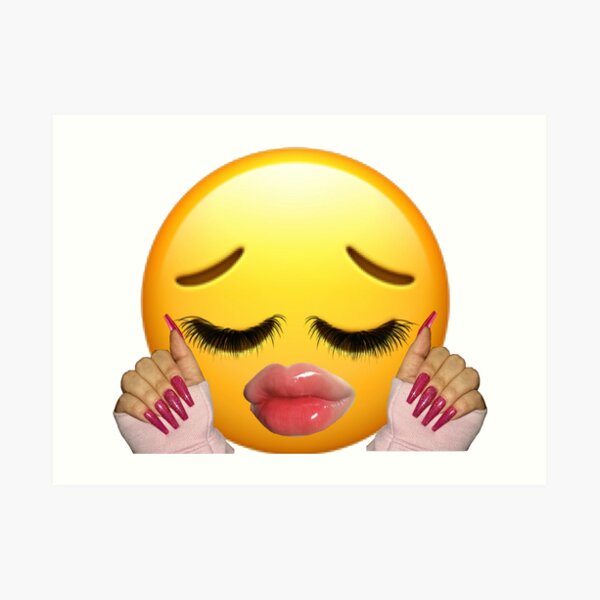 An emoji with long lashes, plumped lips, with hands up and fingers bent to show off some long pink nails in a very 'yass queen' kind of way.